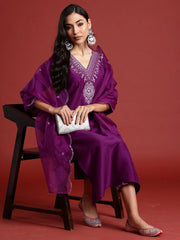 Purple Embroidered Straight Kurta Trousers With Dupatta set