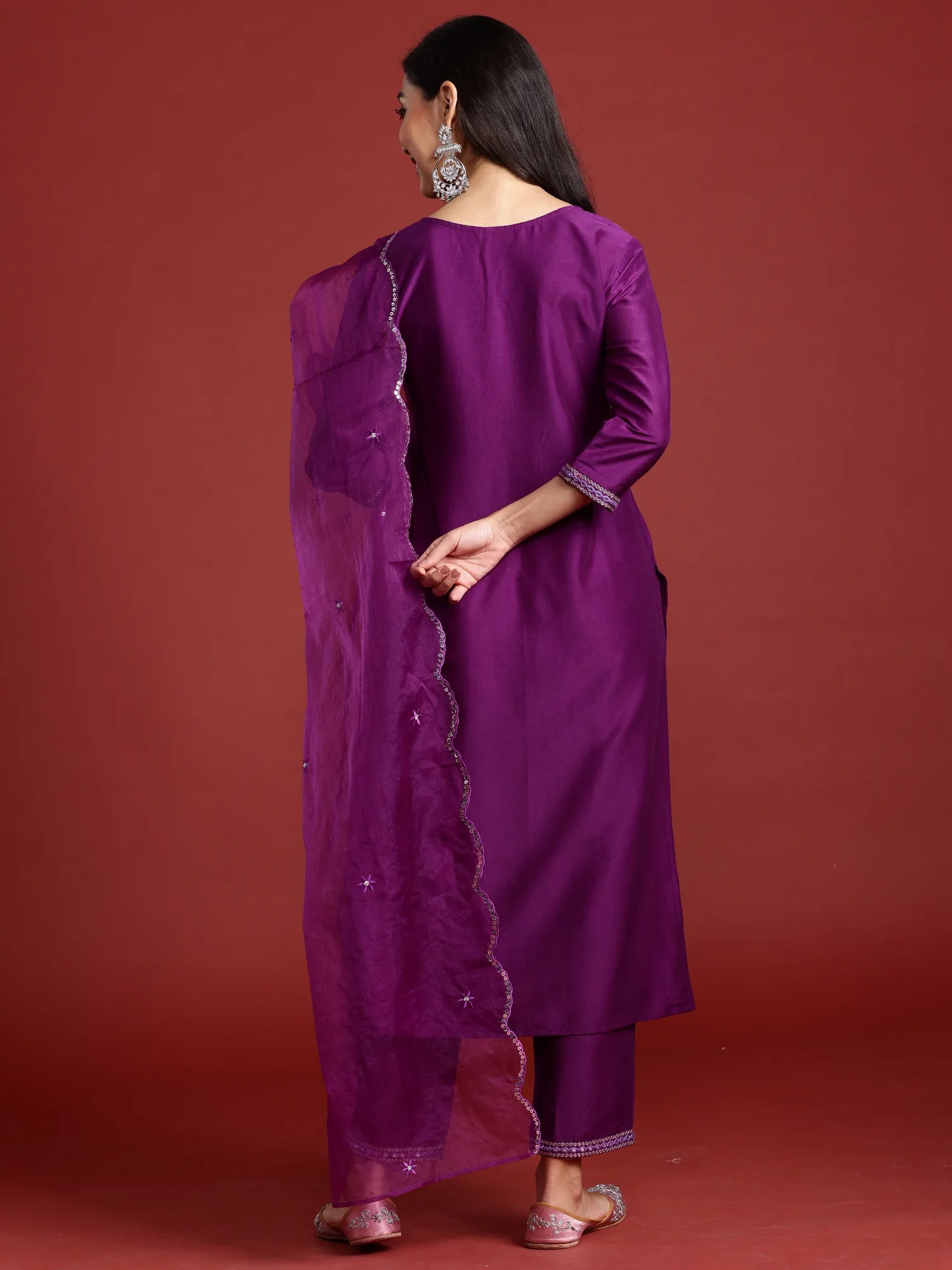 Purple Embroidered Straight Kurta Trousers With Dupatta set