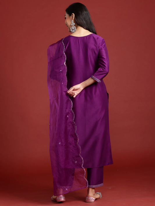 Purple Embroidered Straight Kurta Trousers With Dupatta set