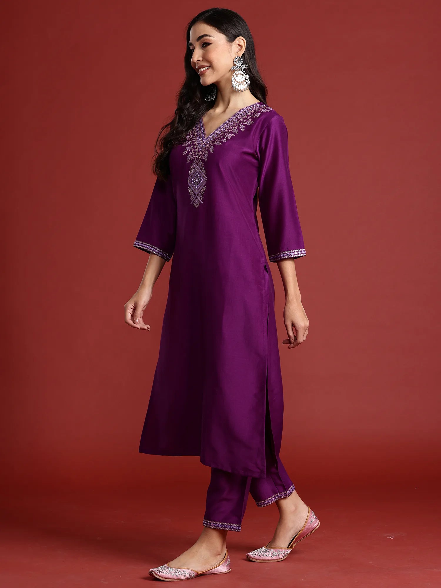 Purple Embroidered Straight Kurta Trousers With Dupatta set