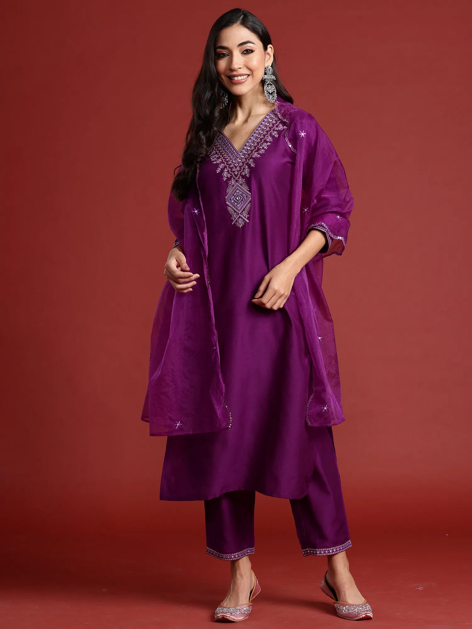 Purple Embroidered Straight Kurta Trousers With Dupatta set