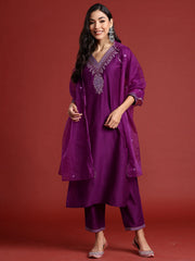 Purple Embroidered Straight Kurta Trousers With Dupatta set