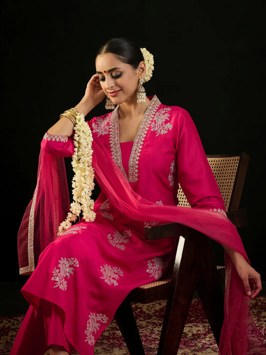 Magenta Embroidered Straight Kurta Trousers With Dupatta set