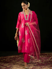 Magenta Embroidered Straight Kurta Trousers With Dupatta set