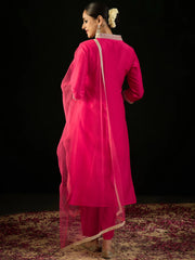 Magenta Embroidered Straight Kurta Trousers With Dupatta set