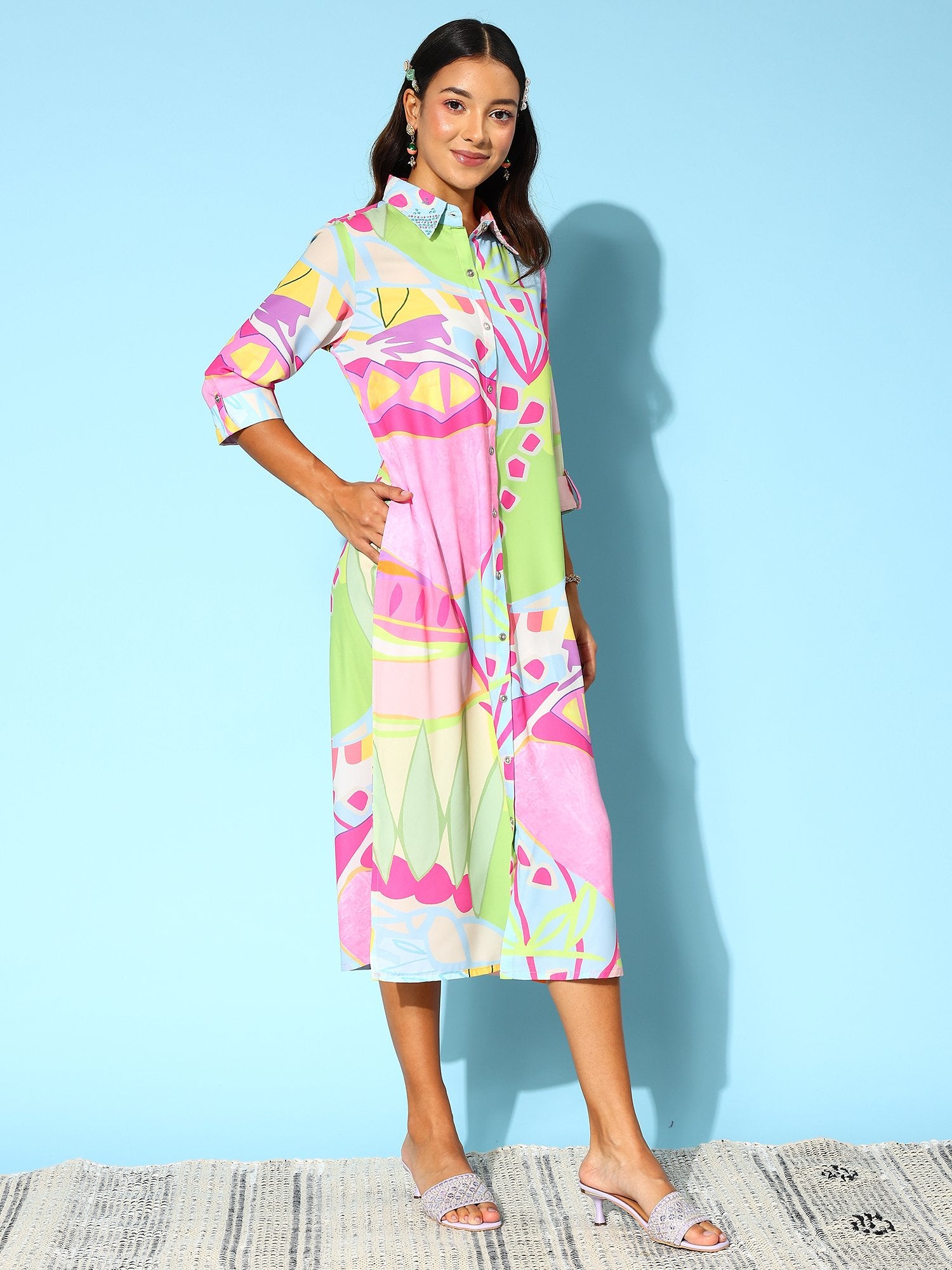 Indo Era Print Shirt Midi Dress