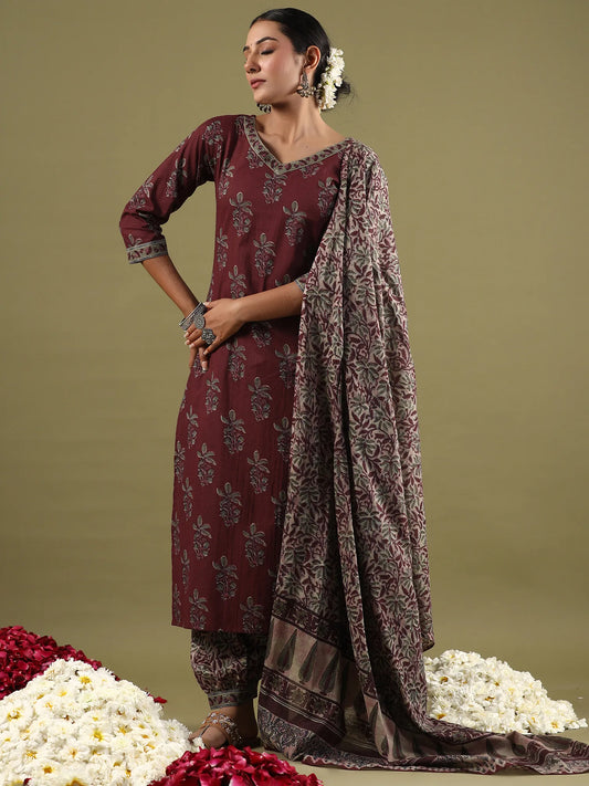 Burgundy Printed Straight Kurta Salwar With Dupatta set