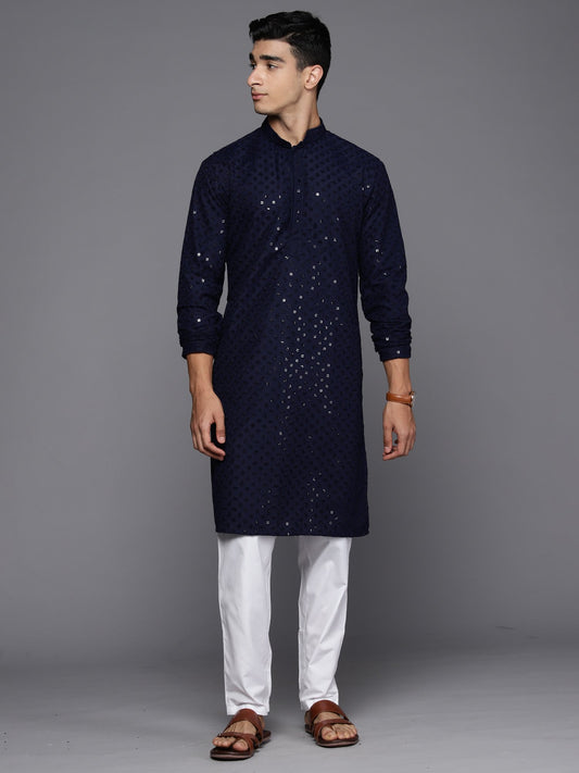 Men Navy Blue Geometric Cotton Embroidered Straight Kurtas