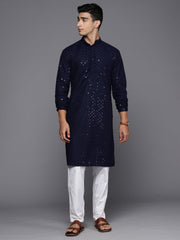 Indo Era - Men Navy Blue Geometric Cotton Embroidered Straight Kurtas