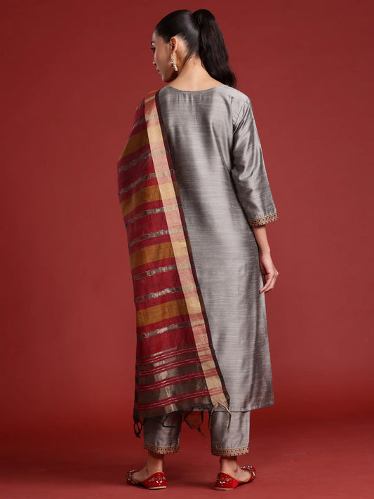 Grey Embroidered Straight Kurta Trousers With Dupatta Set