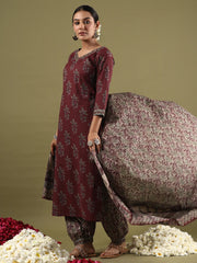 Burgundy Printed Straight Kurta Salwar With Dupatta set