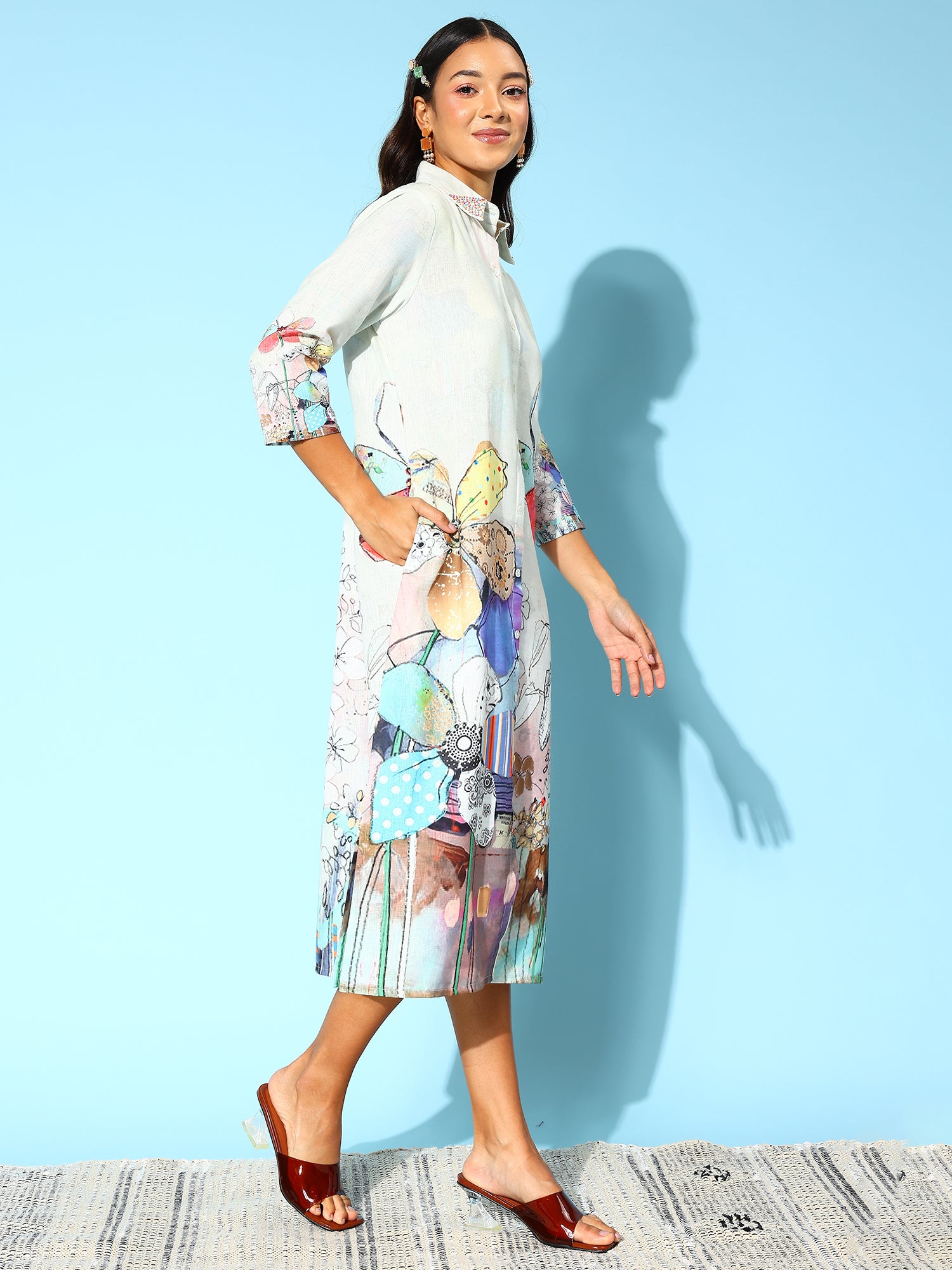 Indo Era Floral Print Linen Blend A-Line Midi Dress