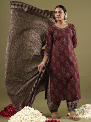 Burgundy Printed Straight Kurta Salwar With Dupatta set