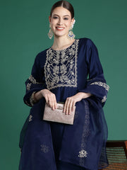 Blue Embroidered Straight Kurta Trousers With Dupatta Set