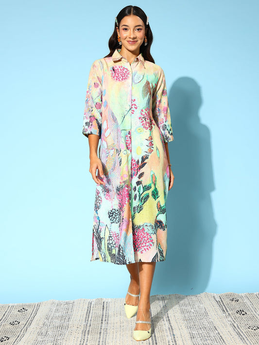 Indo Era Ethnic Motifs Print Cotton Shirt Midi Dress