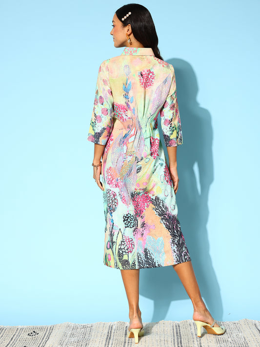 Indo Era Ethnic Motifs Print Cotton Shirt Midi Dress