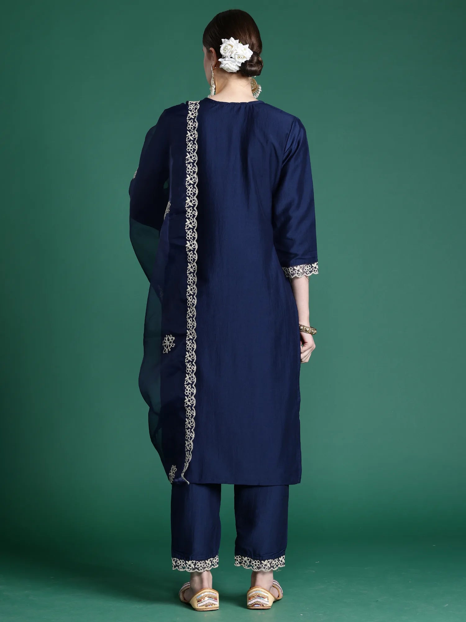 Blue Embroidered Straight Kurta Trousers With Dupatta Set