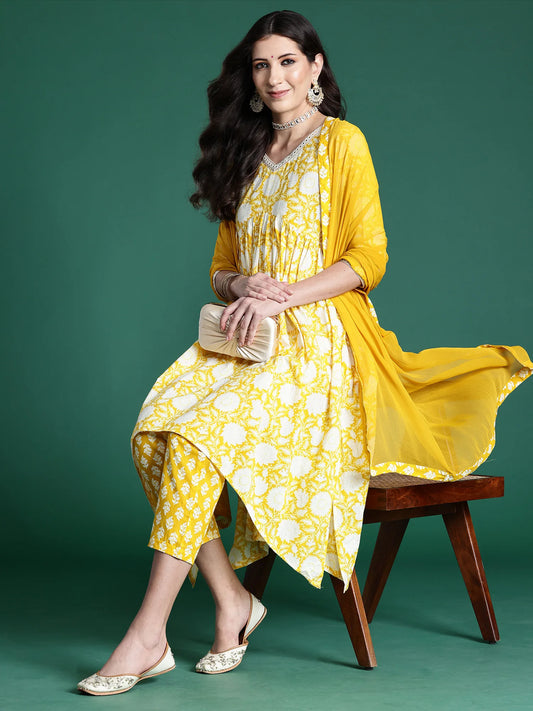 Yellow Printed A-Line Kurta Trousers With Dupatta set