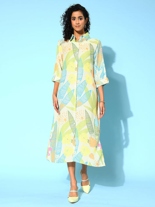 Indo Era Ethnic Motifs Print Shirt Midi Dress