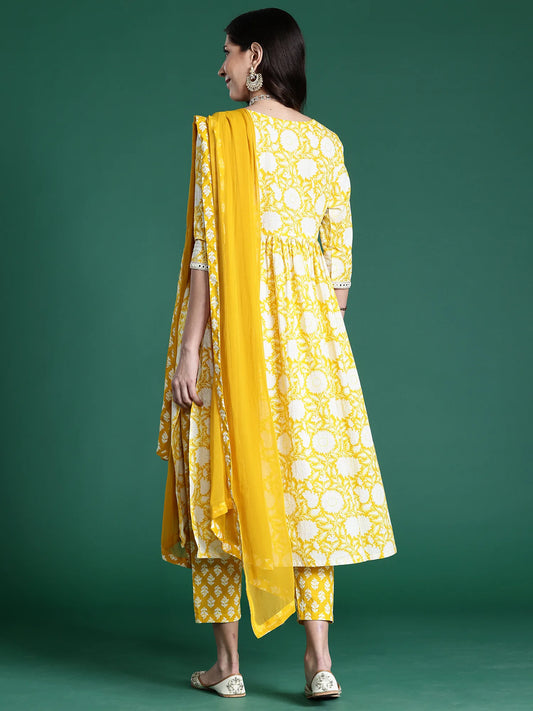 Yellow Printed A-Line Kurta Trousers With Dupatta set