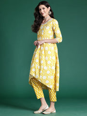 Yellow Printed A-Line Kurta Trousers With Dupatta set