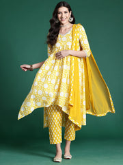 Yellow Printed A-Line Kurta Trousers With Dupatta set