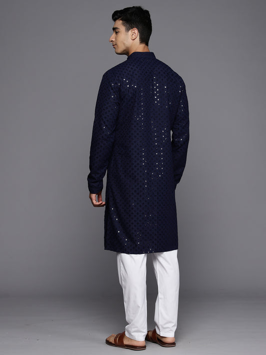 Men Navy Blue Geometric Cotton Embroidered Straight Kurtas