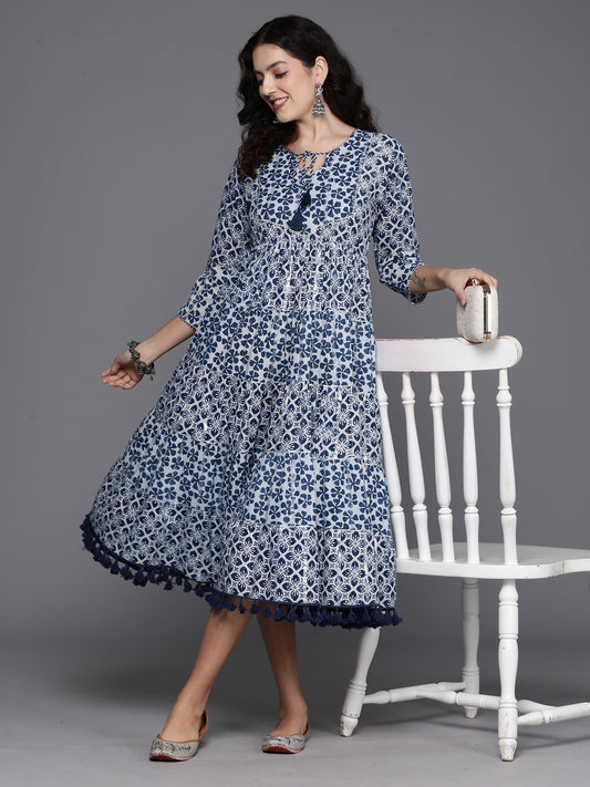 Indo Era Blue Printed A-Line Casual Dress