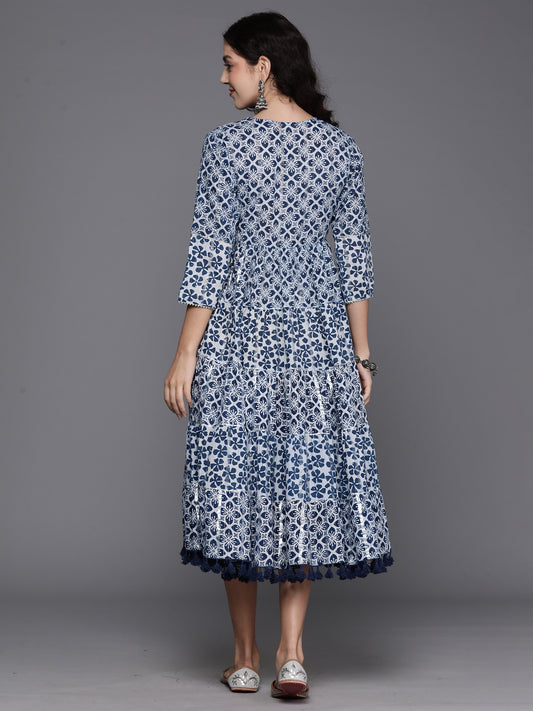 Indo Era Blue Printed A-Line Casual Dress