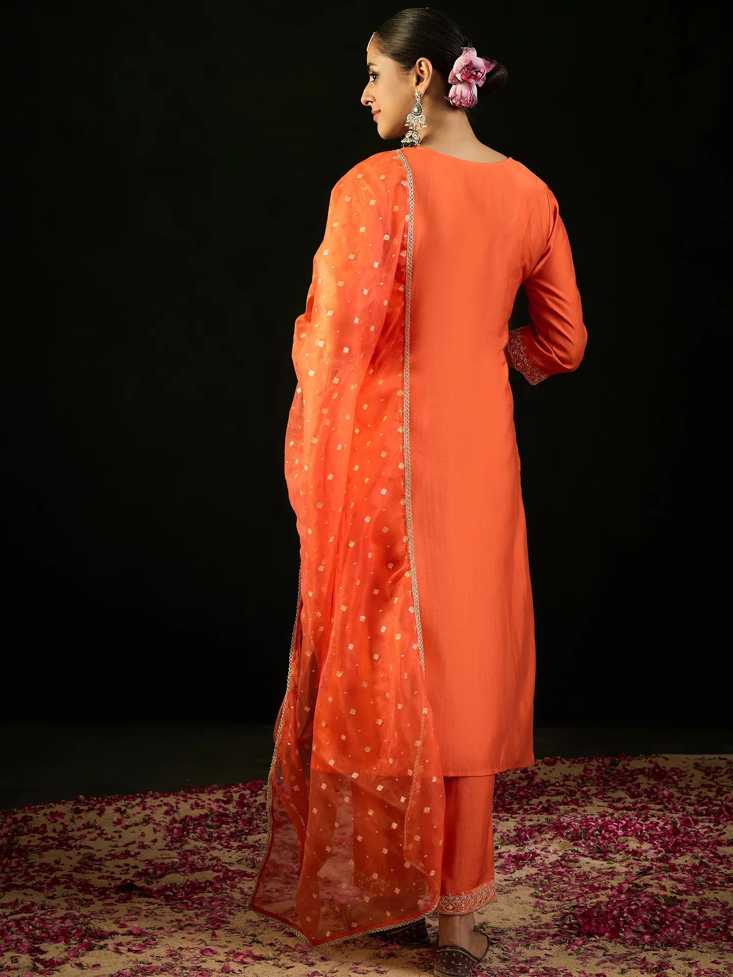 Orange Embroidered Straight Kurta Trousers With Dupatta set