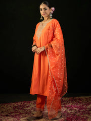 Orange Embroidered Straight Kurta Trousers With Dupatta set