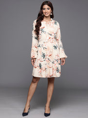 Indo Era Off White Printed A-Line Smart Casual Dress