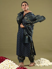 Blue Printed Straight Kurta Salwar With Dupatta set