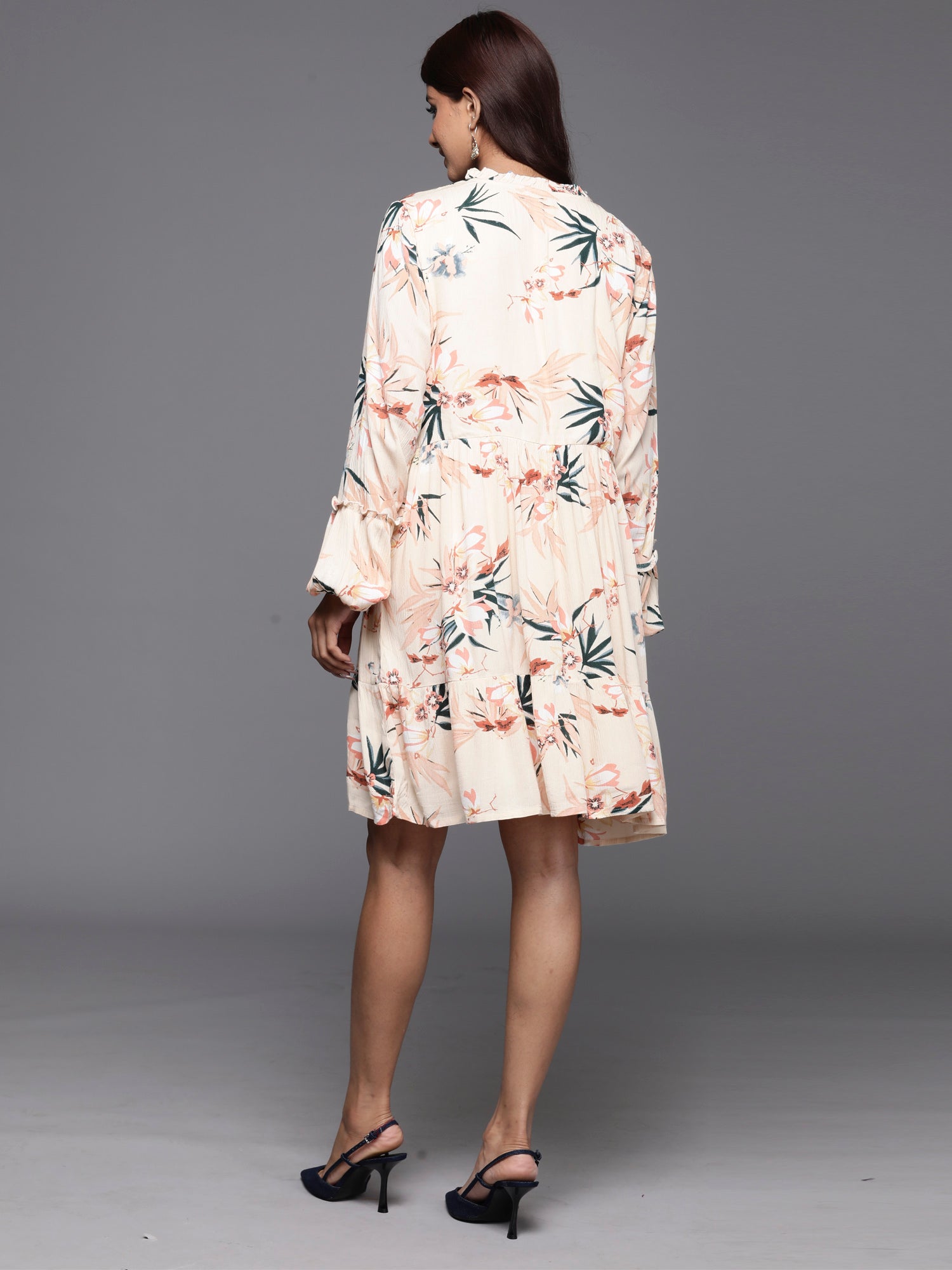 Indo Era Off White Printed A-Line Smart Casual Dress