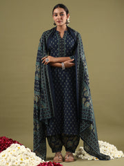 Blue Printed Straight Kurta Salwar With Dupatta set