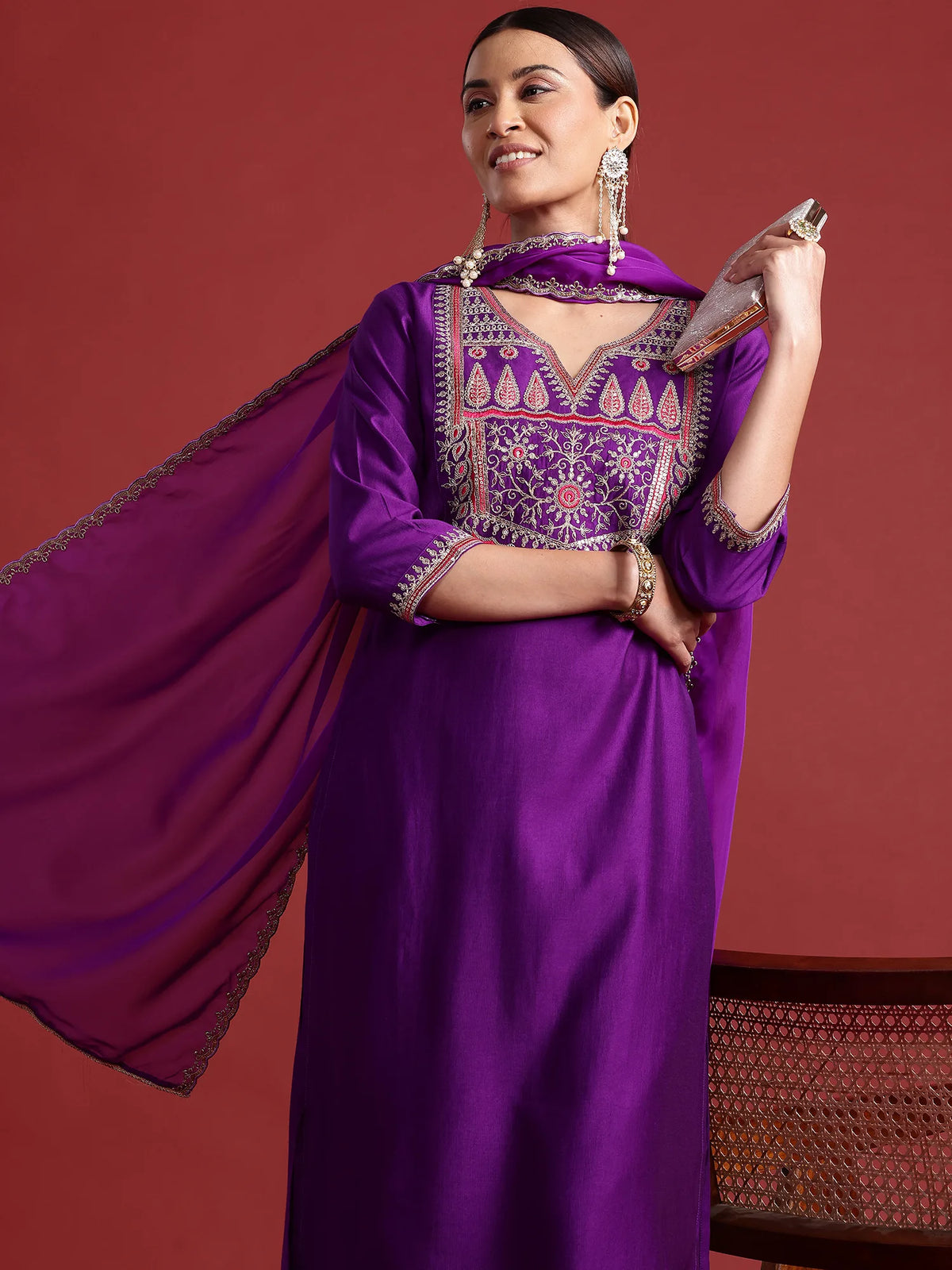 Purple Embroidered Straight Kurta Trousers With Dupatta set