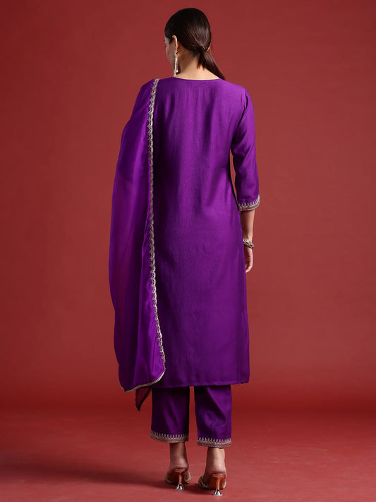 Purple Embroidered Straight Kurta Trousers With Dupatta set