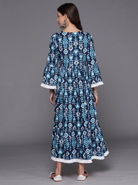 Indo Era Blue Printed A-Line Dresses