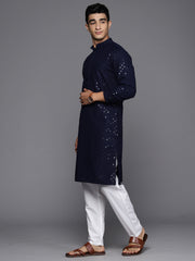 Indo Era - Men Navy Blue Geometric Cotton Embroidered Straight Kurtas