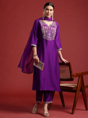 Purple Embroidered Straight Kurta Trousers With Dupatta set