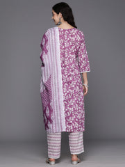 Indo Era Lavender Printed Straight Kurta Trousers With Dupatta Set