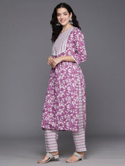 Indo Era Lavender Printed Straight Kurta Trousers With Dupatta Set