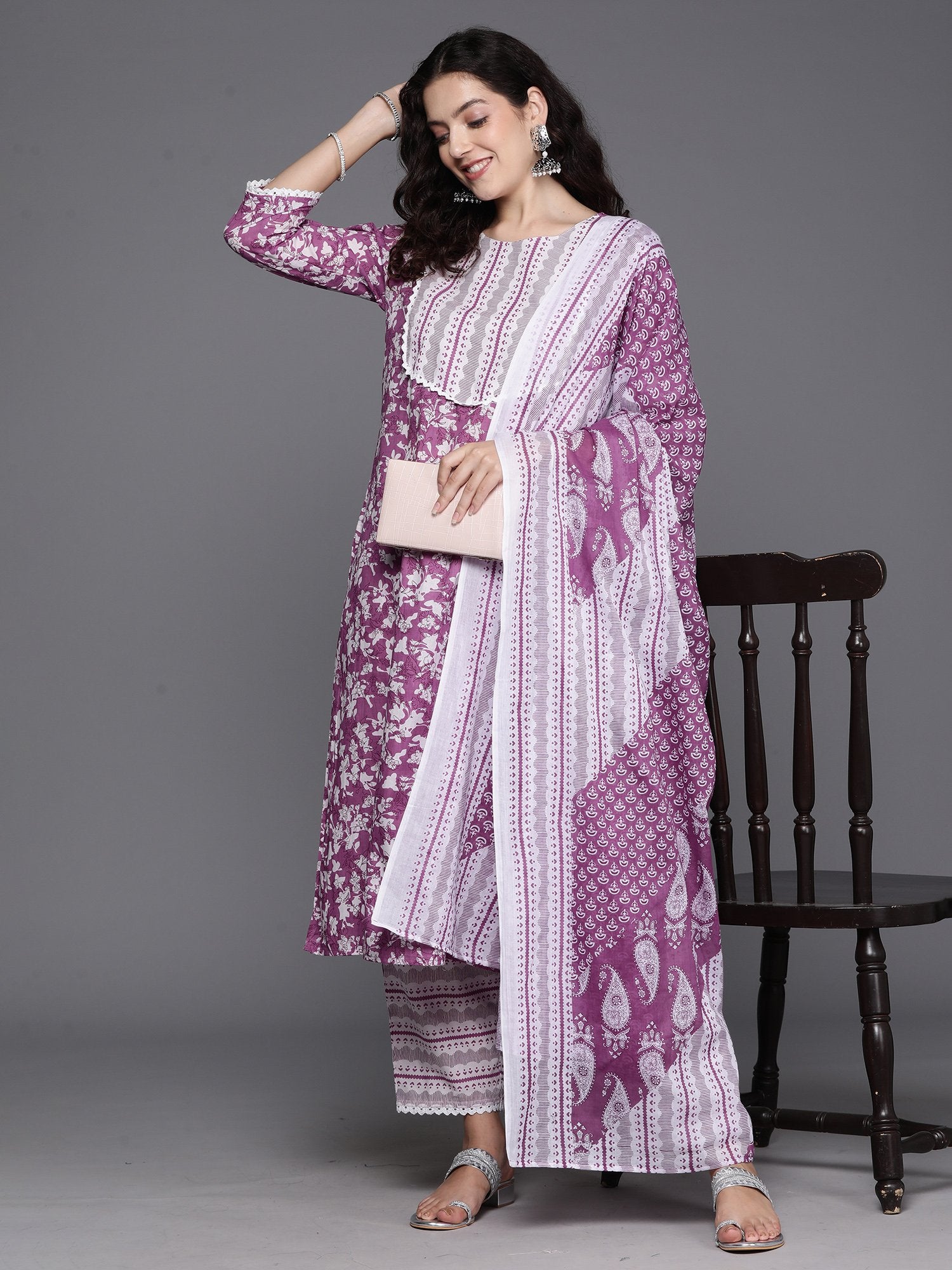 Indo Era Lavender Printed Straight Kurta Trousers With Dupatta Set