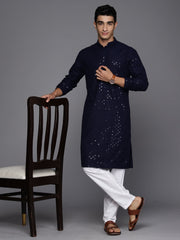 Indo Era - Men Navy Blue Geometric Cotton Embroidered Straight Kurtas