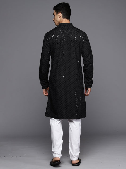 Men Black Geometric Cotton Embroidered Straight Kurtas