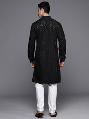 Indo Era - Men Black Geometric Cotton Embroidered Straight Kurtas