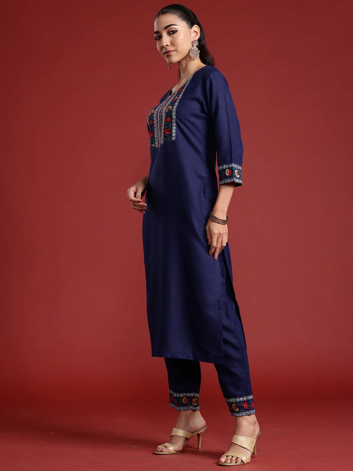 Navy Blue Yoke Design Straight Kurta Trousers With Dupatta Set