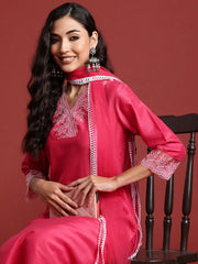 Pink Embroidered Straight Kurta Trousers With Dupatta set