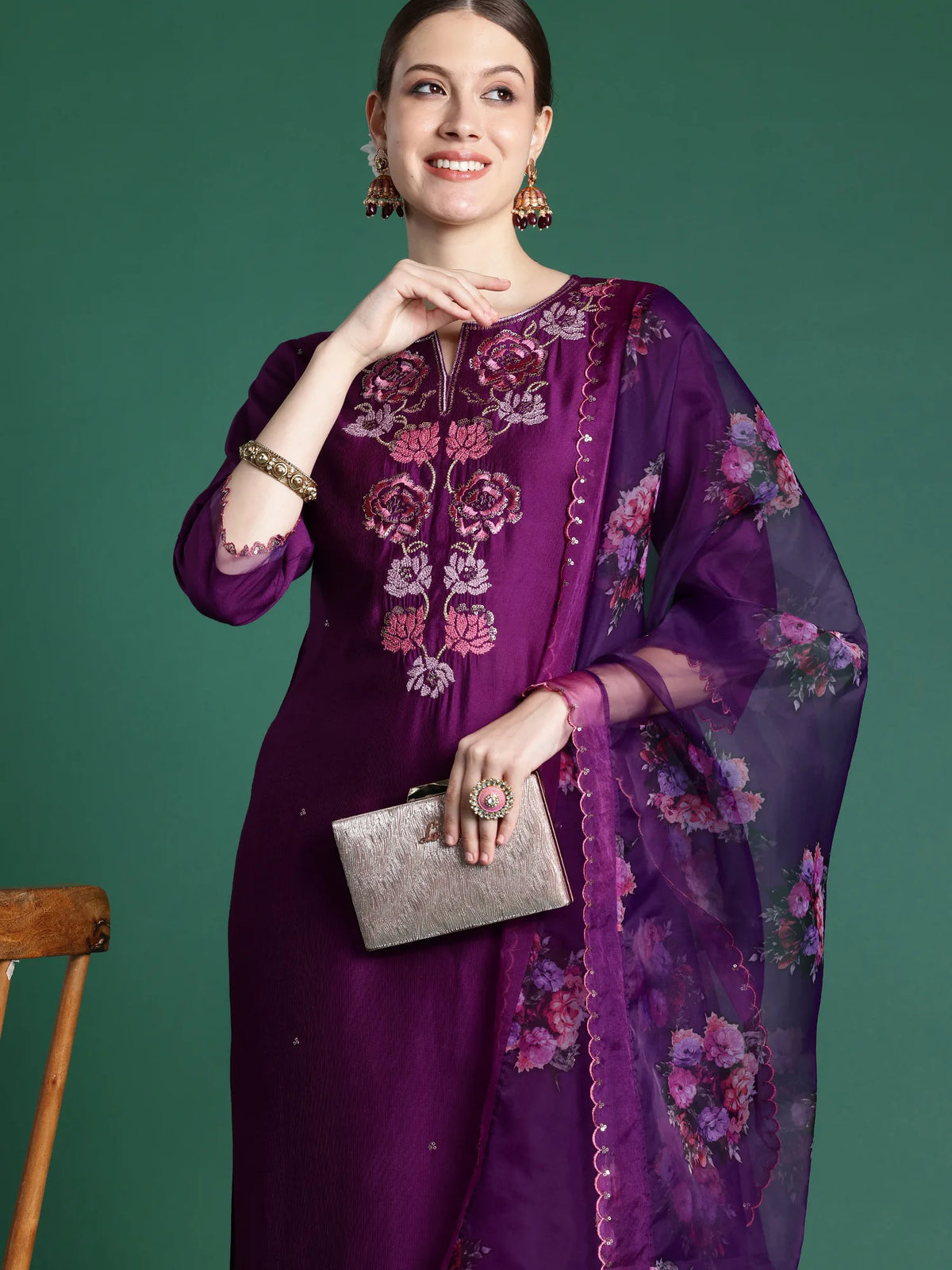 Purple Embroidered Straight Kurta Trousers set