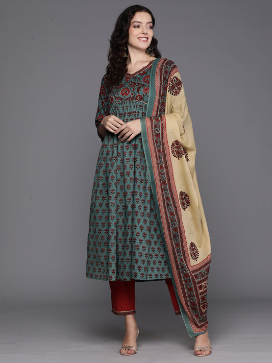 Indo Era Teal Printed A-Line Kurta Trousers With Dupatta Set